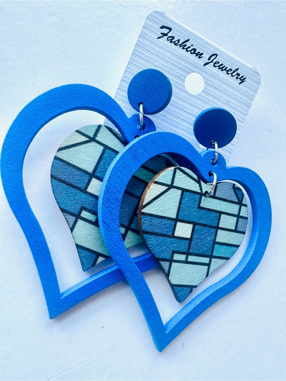 Blue Heart Lightweight Wooden Earrings - Geometric Inlay - Picture 3 of 4